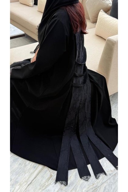 D6029 - Abaya with Premium Royal Crepe Fabric and Lace Inserts on the Back - Black