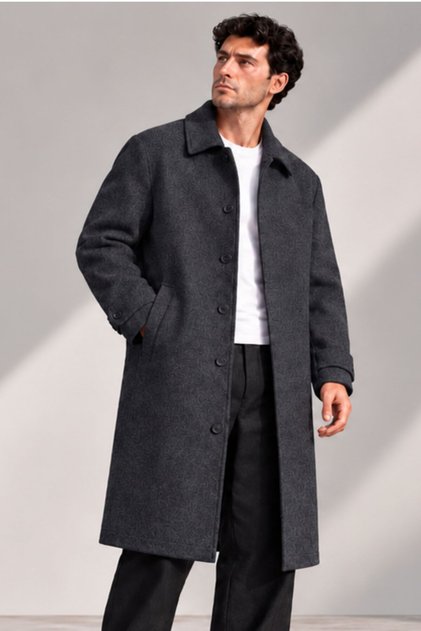 Erkek Diz Boyu Antrasit Kaşe Palto Relaxed Fit S-10XL