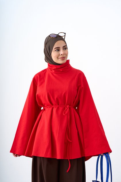 Women's Stand Collar Tunic with Piping Detail Red