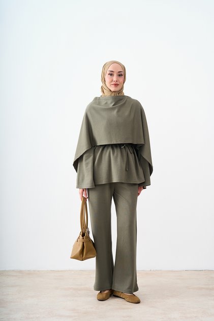 Women's Piping Lace-Up Scarf Suit Khaki Green