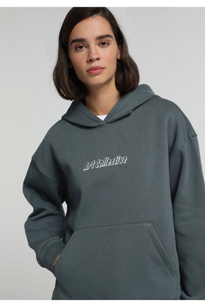 Oversize Fit Hooded Printed Women's Blue Sweatshirt