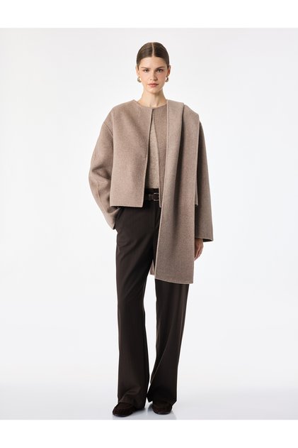 Long Sleeve Wool Blend Oversized Cashmere Coat with Scarf