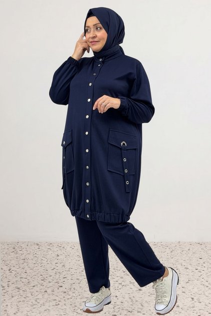 67077 Large Size Pocket Detail Modal Trousers Set with Stone Detail - Navy Blue