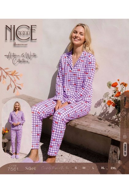 Soft Suede Fabric Shirt Collar Buttoned Long Sleeve Winter Pajama Set