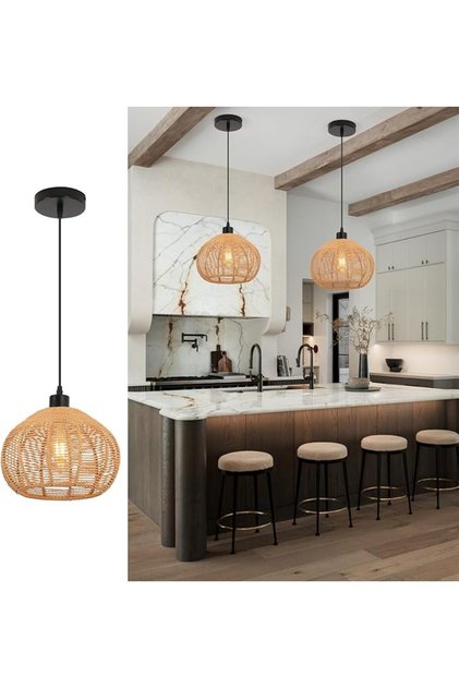 Rattan Pendant Light Chandelier, 25cm Boho Woven Hanging Lamp