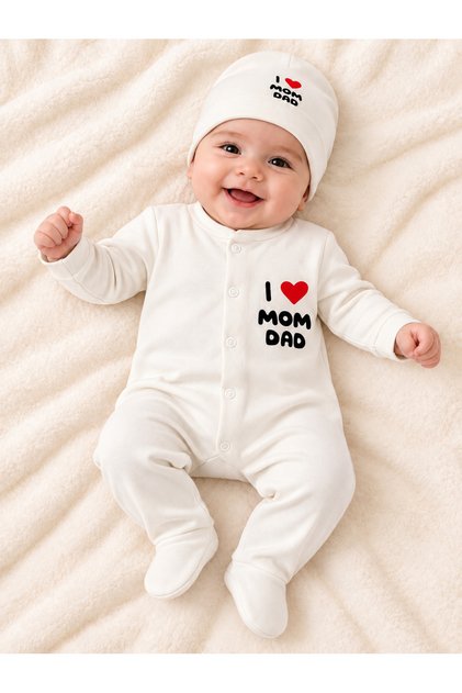I Love Mom Dad Printed Baby Rompers with Hats and Booties Set of 2 0-6 Months Newborn