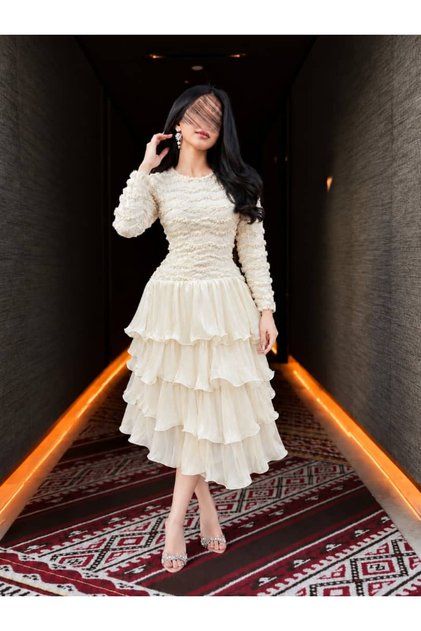 Chiffon Layered Embossed Midi Evening Dress