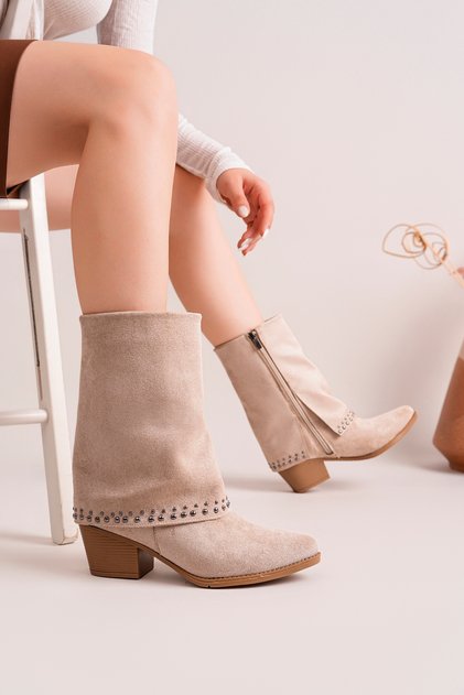 Beige Suede Metal Trocley Gaiter Detailed Pointed Toe Thick Heeled Women's Boots