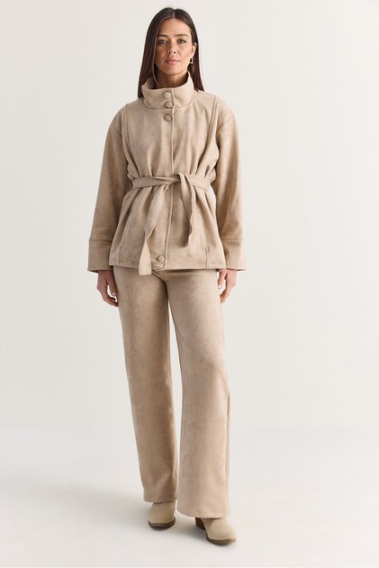 Women's Beige High-Waisted Wide Leg Suede Trousers 2585 60286616