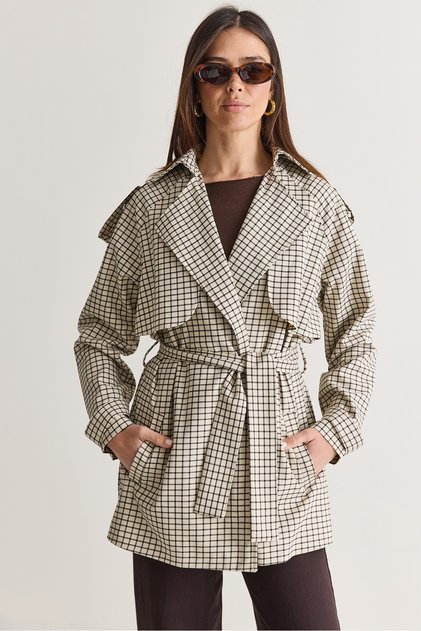 Women's Beige Lined Plaid Patterned Belted Double Breasted Collar Pocket Detailed Trench Coat 7092 60286678