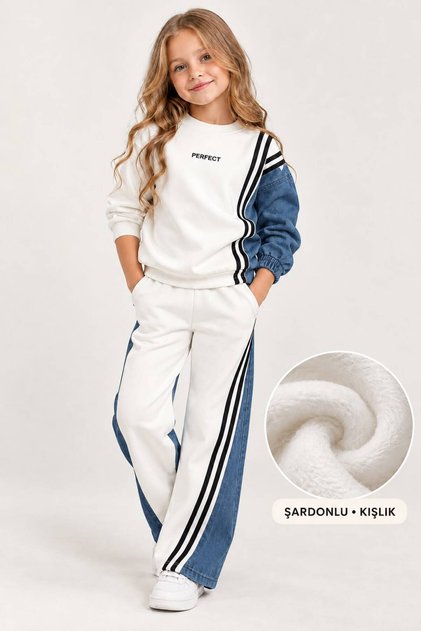 Girl's Embroidered 3-Thread Denim Garnished Top and Bottom Set