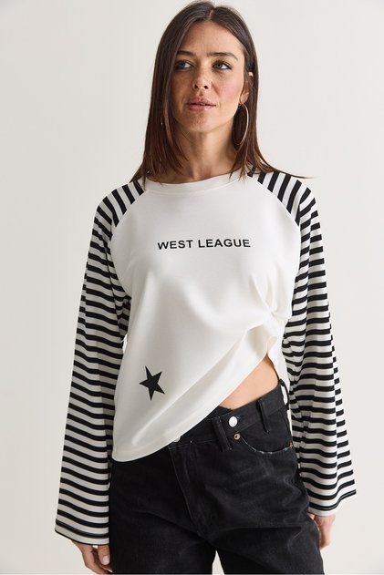 Women's White-Black West League Printed Striped Raglan Sleeve Regular Fit Sweatshirt 2391 60286692
