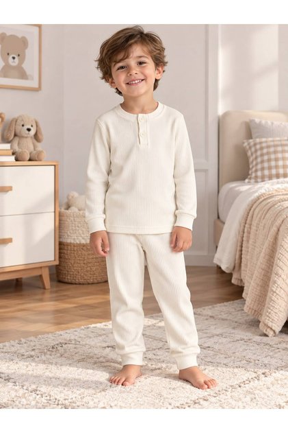 Boy's 100% Cotton Ecru Twill Fabric Collared Buttoned Long Sleeve Winter Basic Pajama Set
