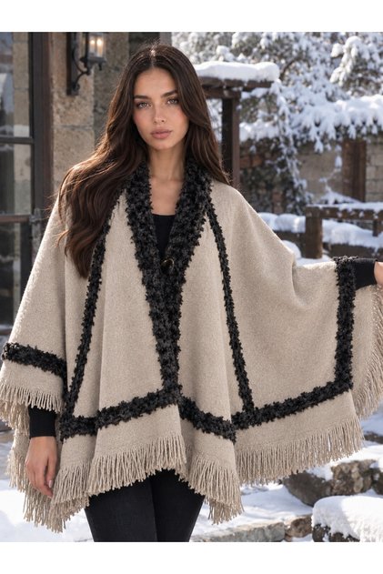 Fur Poncho Women's Fur Detailed Tasseled Triangle Shawl Poncho Knitwear Shoulder Shawl