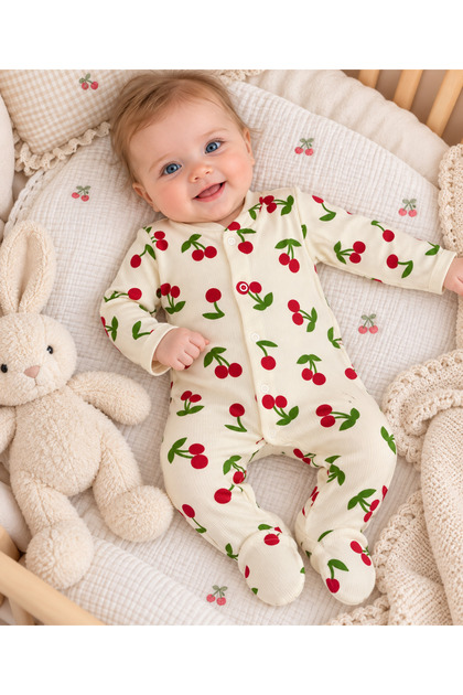Cherry Patterned Ribbed Long Sleeve Jumpsuit with Booties and Snap Fasteners - 100% Cotton