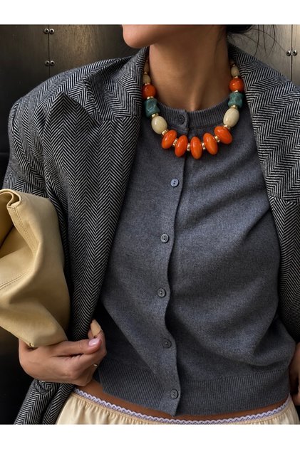 Orange Turquoise Cream Colored Large Beaded Necklace | Gold Detailed Geometric Stone-Look Retro Bohemian Statement Necklace