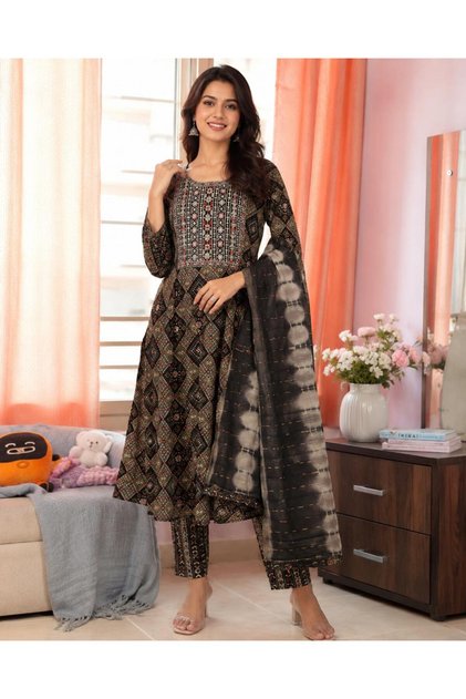 3-Piece Women’s Ethnic Kurta Set | Printed Pure Cotton Kurti with Palazzo Pants & Matching Dupatta