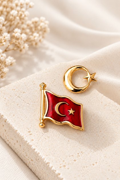 Altın Rengi Ay Yıldız Yaka Rozeti Türk Bayrağı Broş