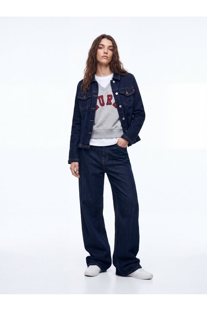 Relaxed Fit V-Neck Letter Printed Gray Sweatshirt