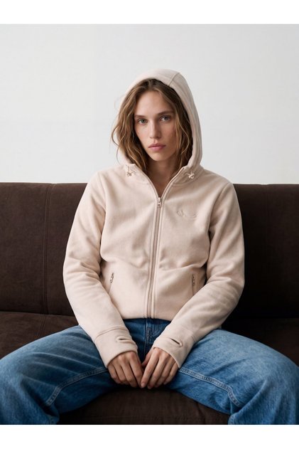 Regular Fit Zippered Fleece Cream Sweatshirt