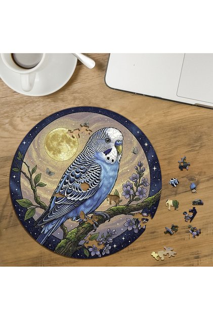 Custom Cut Round 272 Piece Wooden Puzzle with Cute Blue Budgie Design Mpda819