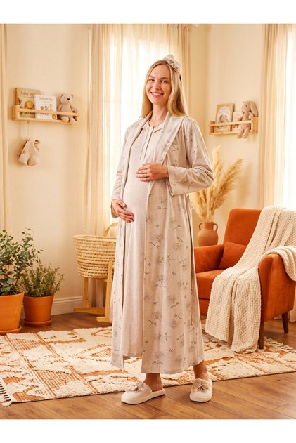 New Season Beige Shawl Collar Patterned 100% Cotton Winter Long Sleeve Full Length Special Design Maternity Pajamas Nightgown Set