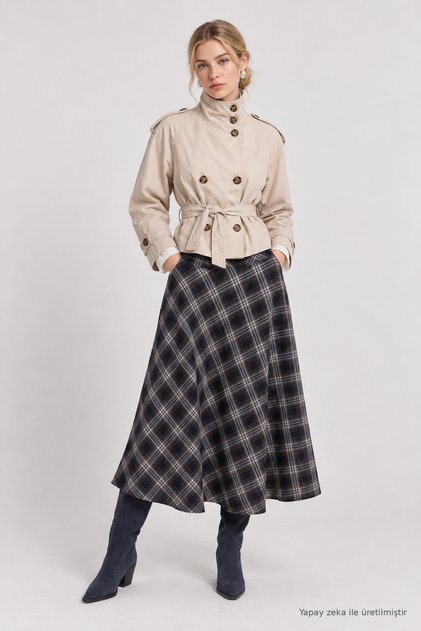 Plaid Patterned Flared Woven Skirt Laz0024 Dark Blue Beige
