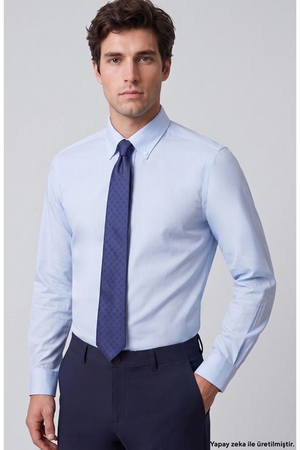 Non-Iron Mavi Düğmeli Yaka Oxford Gömlek