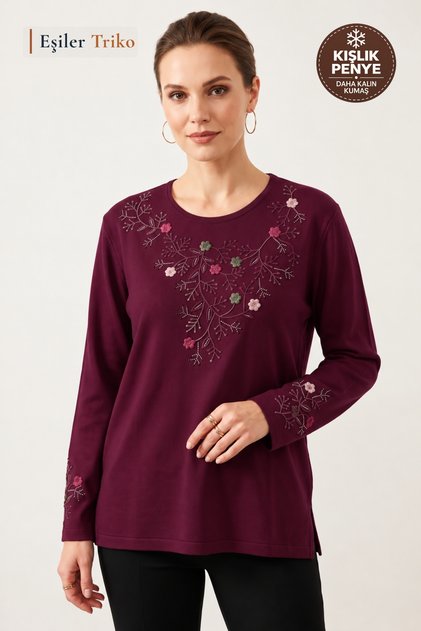 Women's Winter Heart Garden Pattern Embroidered Collar and Sleeves, Stoned Clover Fabric Mother Combed Cotton Blouse