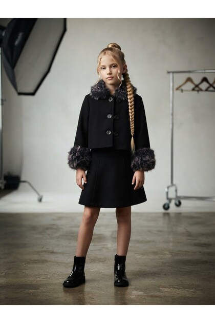 Girl's Cashmere Jacket and Skirt Set with Fur Detail on Collar and Sleeves, 2-Piece Set