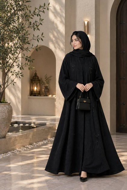 Premium Textured Black Abaya Set with Elegant Beadwork and Matching Shawl