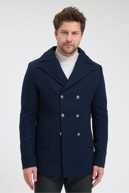 Tetaya Men's Navy Blue Slim Fit Double-Breasted Thick Cashmere Coat with Metal Buttons and Fur Inside
