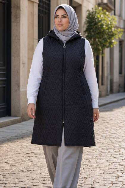 Plus Size Removable Hooded Zippered Quilted Vest with Pockets Seasonal Long Vest