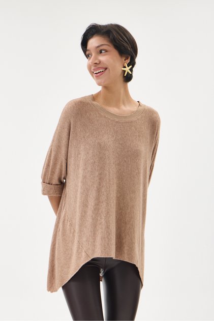 Women's Camel Italian Low Sleeve Oversize Knitwear Sweater 38 - 44 Size