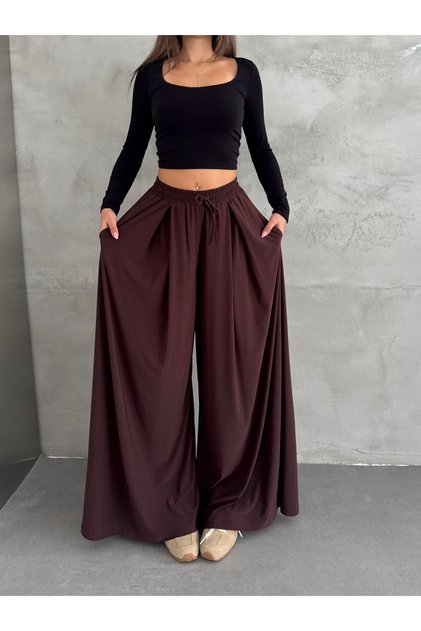 Women's Sandy Fabric Wide Leg High Waist Lace-Up Palazzo Trousers