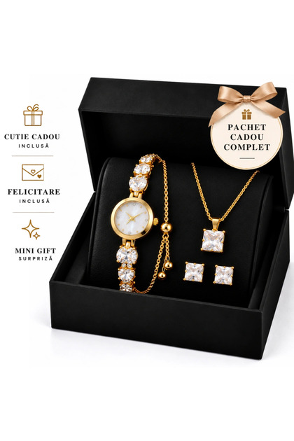Set Cadou Dama Ceas Gold cu Bratara cu Set Cercei si Lant in Cutie Cadou - Flower 4