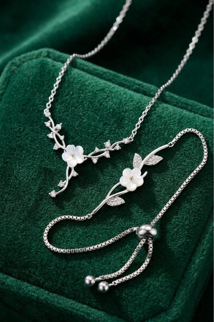 Ivy Magnolia Flower Necklace and Bracelet Set of 2 - Silver Color - (with Surprise Gift)