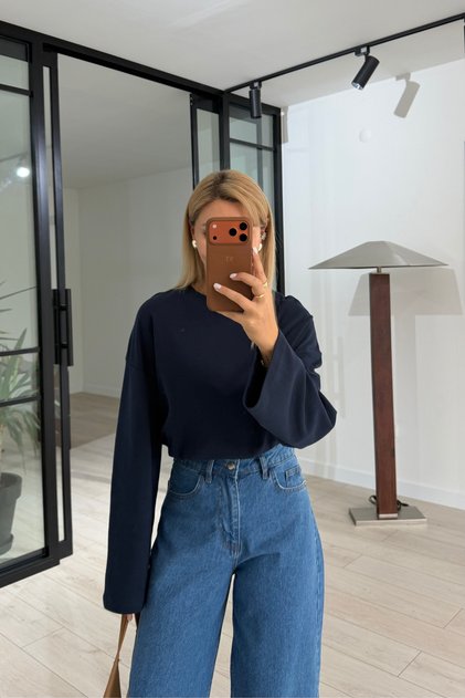 Wide Sleeve Navy Blue Cotton Basic Tshirt