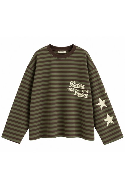 Women's Green-Brown Striped Oversize Crew Neck Long Sleeve Embroidered Sweatshirt