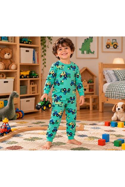 Truck Pattern Green Boys Long Sleeve Cotton Bottom Top Pajama Set