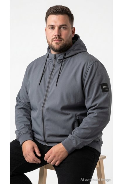 Erkek Büyük Beden Mevsimlik JJEBASIC SOFTSHELL Ceket Kapüşonlu Fermuarlı Cepli Ribanalı Rahat Kesim Spor Model 12236331