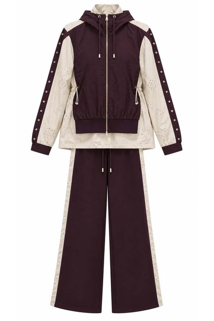 Burgundy Color Festive Fabric Garnished Hooded Suit Key37650