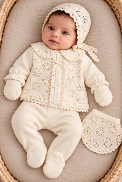 Newborn Baby Girl Lace Detailed Hat and Booties 5-Piece Hospital Discharge Set Ecru