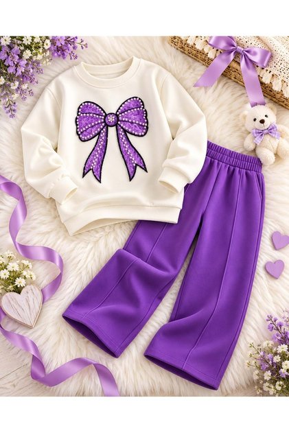 Girl's Ecru Purple Color Bowknot Pearl Detailed Sweatshirt Tracksuit 2-Piece Top and Bottom Set