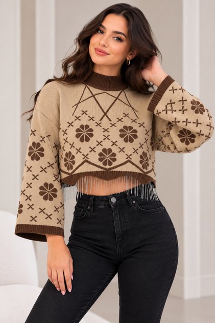 Women's Floral Patterned Knitwear Sweater – Stylish Knit Crop Sweater with Turtleneck, Fringe Detail, and Long Sleeves