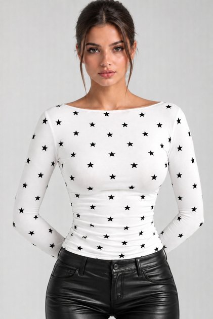 White Star Pattern White Boat Neck Long Sleeve Slim Fit Blouse