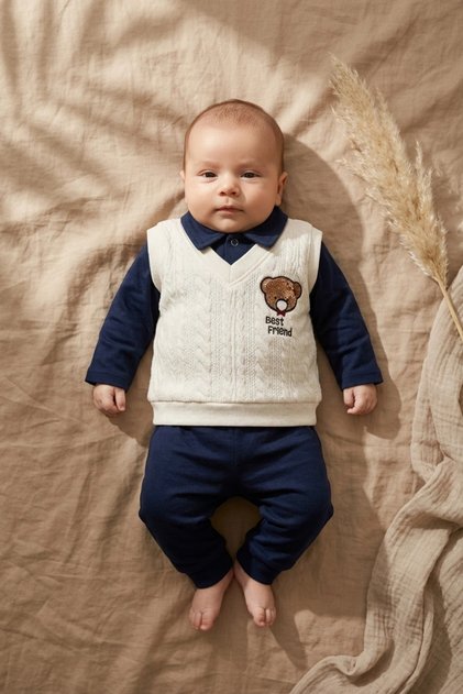 Baby Boy Navy Blue Ecru Teddy Bear Embroidered 2-Piece Set | 100% Cotton, Polo Collar, Stylish and Comfortable Baby Clothes