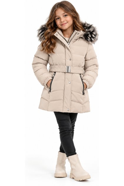 Girl's Nova Fabric Midi Length Zipper Snap Closure Belted Hooded Fur Zipper Pocket Beige Color Puffer Coat