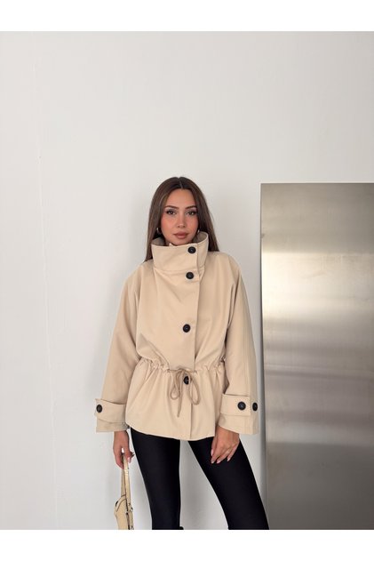 Women's Stand Collar, Gathered Waist, Lace-Up, Buttoned Oversize Seasonal Short Trench Coat