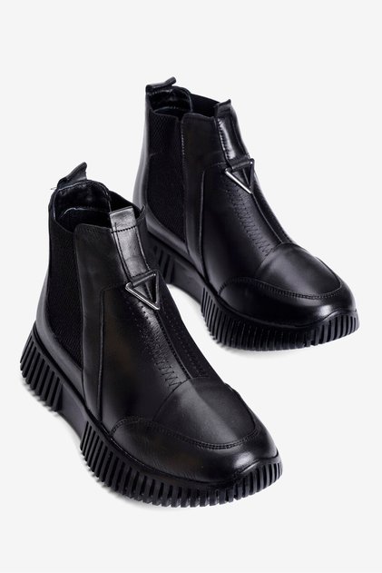 Women's Genuine Leather Boots with Elastic Metal Detail, Thick Sole, Trigon Black